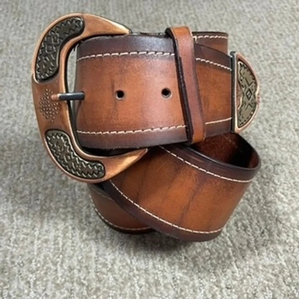 Cobalt Italian Leather Belt Women M Brown Cowgirl Festival Western Copper Buckle